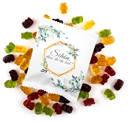 Lucky Treats - Schön dass du da bist Fruchtgummi Päckchen - 25 Stück - Weiß Matt - Eukalyptus Deko - Gummibärchen Gastgeschenke Hochzeit Taufe Geburtstag - Made in Germany