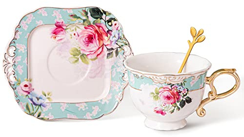 fanquare Blumen Teetasse mit Untertasse, Vintage Kaffee Tee Tasse Set, Keramik Kaffeetasse für Frühstück Nachmittags Tee, Grün