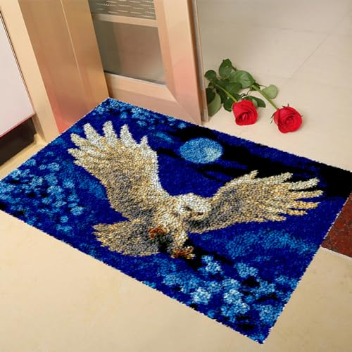 AMBATTERY Knüpfkissen Weiße Eule Tier Fußmatte Teppich Making Kits，Geschenkverpackung DIY für Kinder/Erwachsene mit bedruckter Leinwand 21x29in