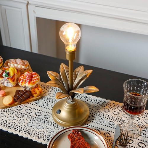 JHY DESIGN Battery Operated Lamp Vintage Decorative Cordless Light with LED Bulb 34cm Tall Table Lantern for Bedroom Living Room Kitchen Wedding Patio Home Decor(Antique Gold)