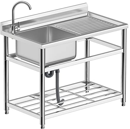 Free Standing Stainless Steel Sink, Commercial Kitchen Sink with Drainboard and Faucet, 43” Prep Sink Utility Sink with Countertop for Restaurant, Cafe, Bar, Hotel, Garage, Laundry Room, Outdoor Sink