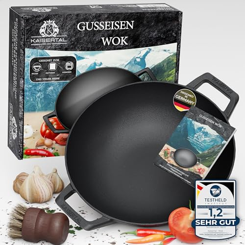 KAISERTAL® Gusseisen Wokpfanne Induktion | 32cm Ø Wokpfanne ohne Deckel | Wok mit Flachboden | Voreingebrannt & Backofengeeignet - inkl. Reinigungsbürste