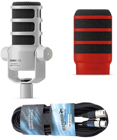 Rode Podmic USB XLR Dynamisches Sprecher-Mikrofon Weiss mit WS14R Popschutz Rot und keepdrum XLR-Kabel