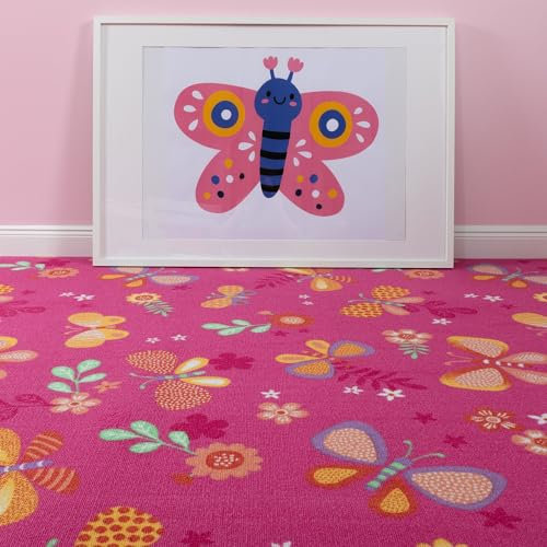 Steffensmeier Teppichboden Sophia Meterware | Auslegware für Kinderzimmer | Spielteppich | Schmetterling Pink, Größe: 100x600 cm