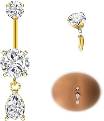 ESHIONER G23 Titan navelstänger piercing silver dinglande guld navelsmycken lång liten kort skivstång CZ boll dinglande magstänger piercing 14G 10 mm 12 mm 14 mm