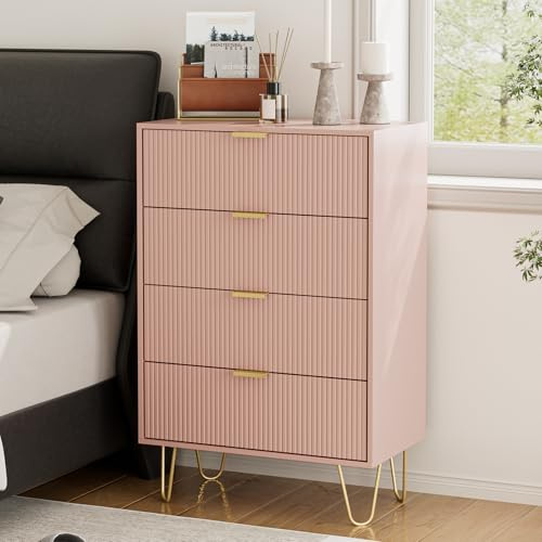 HEYZOEY Pink Chest of 4 Drawers for Bedroom, 60x34x91cm, Wood Storage Dresser Bedroom Furniture Cabinet for Living Room,Office,Lounge,Pink