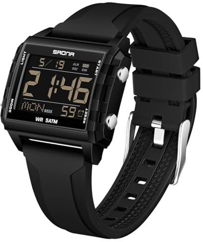 Montre de sport numérique rectangulaire étanche - Grand nombre - Chiffres lumineux - Avec chronographe chronomètre - Alarme - Multifonction - Pour homme et femme - Multicolore - Unique, Noir , lanière