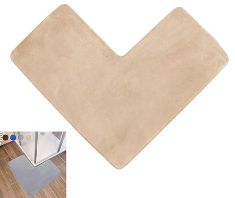 ACESOME L-Shaped Corner Shower Mat, 80x80cm Absorbent Non Slip Bath Mat, Coral Fleece Bathroom Carpet, Supersoft Machine Washable Bath Mat for Corner Showers, Tubs (Camel)