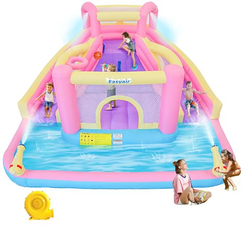 Easyair Inflatable Water Slide Bounce House for Kids, 12.1 FT x 10.3 FT Small Water Park Bouncy Castle, Double Slides, Jumper, Climbing Wall, Basketball Hoops, Included Blower