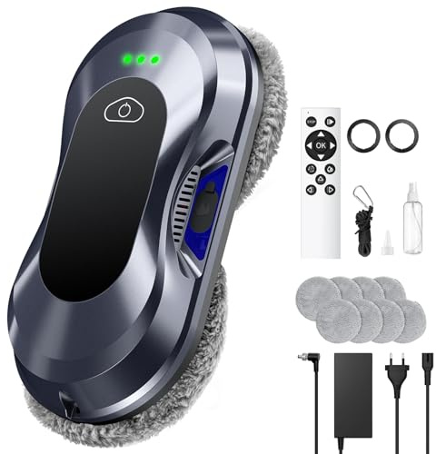 Yeerain Robot Limpiador de Ventanas Automático, 6000 Pa de aspiración, Robot Limpiador de Ventanas, Limpieza de Doble Hélice, Detección de Bordes, 3 Modos de Limpieza, con 10 Paños de Limpieza