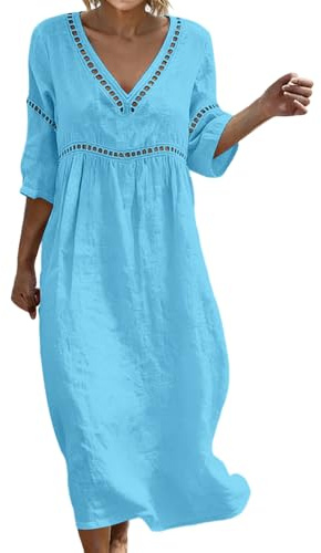Summer Dresses for Women UK Linen Cotton Dress Muslin 3/4 Sleeves for Travel Elegant Beach Hawaiian Sun Going Out House Ladies Outfit Co Ord Wear Clothing Sarong Outfits