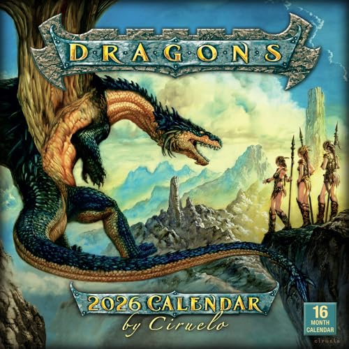 Dragons by Ciruelo Wandkalender 2026, 16-Monate-Fantasie-Kalender, 30,5 x 30,5 cm, Monatskalender 2026, Planer mit großen Rastern für Büro oder Zuhause, inklusive 2025 Bonusmonate September bis Dez.