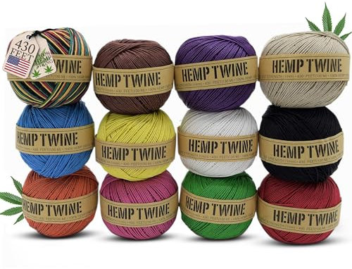 Hemp Twine for Gardening - Twine for Crafts - Organic Natural Hemp String for Jewelry Making - Strong Durable Cord for Decoration, Macrame + Cooking - 1MM, 100G/430 Ft. - 20 lb. Test Strength - 12 Pk