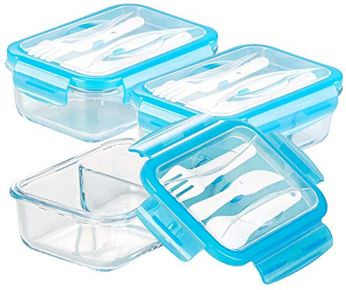 Rosenstein & Söhne Tiefkühldosen: 3er-Set Glas-Frischhaltedosen, 2 Kammern, Besteck, Klick-Deckel, 840ml (Sandwichbox, Stullendose, Kühlschrank)