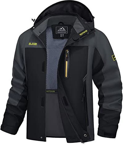 MAGCOMSEN Mens Rain Jacket Lightweight Waterproof Shell Jacket Hiking Travel Outdoor Spring Raincoat 5 Pockets Black Grey, XL