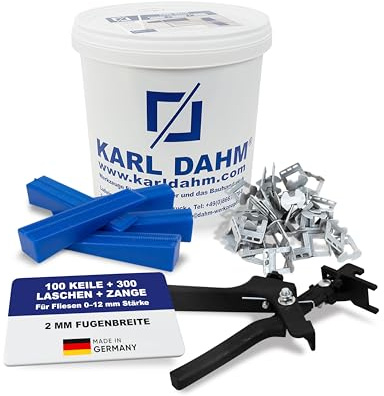 Karl Dahm Fliesen-Nivelliersystem-Set 2 mm mit 100 Keilen, 300 Laschen, Metallzange & Eimer I Für perfekte, gleichmäßige Fugen ohne Höhenversatz I Reicht für ca. 25–30 m² – 12057