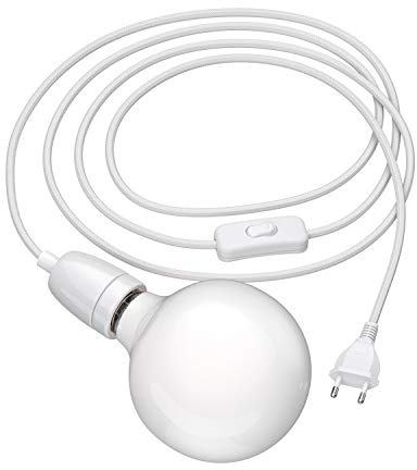 ledscom.de Textilkabel LEHA II mit Stecker, Schalter und E27 Porzellan-Fassung, weiß, 3 m, inkl. LED Leuchtmittel matt 550lm warmweiß