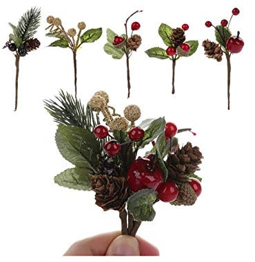 LouisaYork Artificial Pine Picks, 30pcs Christmas Red Berries Pine Cones Stems, Mini Stimulation Red Berries Branches for Xmas Flower Arrangements Wreaths Decorations