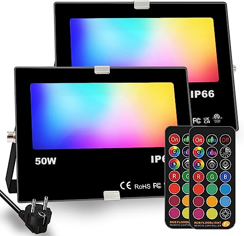 Faretto LED RGB Esterno Proiettore, modifica del colore 50W, modalità di strobo personalizzata DIY, colori RGB 12, tempi, telecomando incluso, IP66 impermeabile