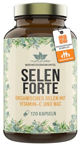 naturalie® - Selen im 4-Fach Komplex | bioverfügbare organische Selenhefe + Selenmethionin + Vitamin-C + N-Acetyl-L-Cystein | 160µg reines Selen | laborgeprüft | 120 Kapseln im Braunglas - BPA frei