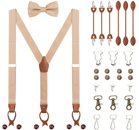 WANYING Herren Y-Form 3,5cm Breit Hosenträger & Fliege Set 6 WAY TO WEAR Knopf- Klammer- Hummer- Verschluss Latzhose Schnalle Verlängerte Hosenträger für Körpergröße 160-200cm
