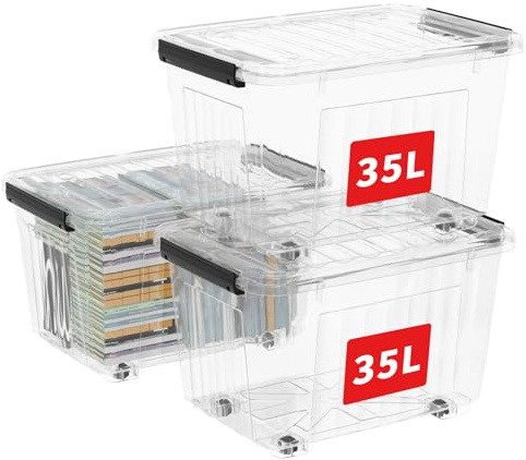 Cetomo 35L*3 Cajas de Almacenamiento con Tapas, Contenedores de Plástico con Ruedas, Clip On, Apilables, Encajables, Organizador Rayado para Oficina en Casa, Transparente, 35L-3 Pack