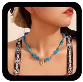 Cimenexe Bohème Türkis Perle Choker Halskette Kaurimuschel Anhänger Halskette Blau Türkis Halskette Choker Gold Muschel Hort Unregelmäßig Türkis Stein Halskette Kette Schmuck