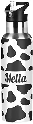 Bouteille d'eau personnalisée en acier inoxydable imprimé vache noir et blanc avec nom personnalisé Bouteille de sport isotherme avec large poignée