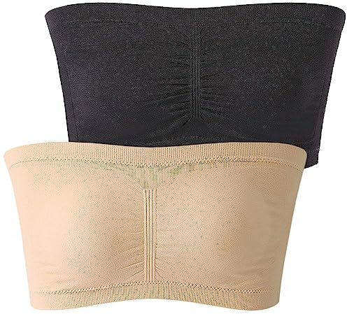 FULIER Dam Bandeau BH vadderad axelbandslös trådlös Bralette sömlös Bandeau magtröja tub topp BH Bralette 2-pack, Svart, naken, 3XL