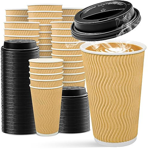 Ginkgo 100 Pack Disposable Coffee Cups with Lids 16 oz, Insulated Ripple Wall To Go Paper Cups for Party Home and Travel - Beige