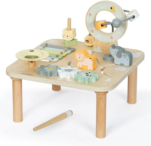 mamabrum 7in1 Holz Aktivitätstisch - Lern- und Spieltisch mit Tiermotiven, Drehelementen, Klangspielen - Montessori Motorik Spielset für Kinder ab 9 Monaten
