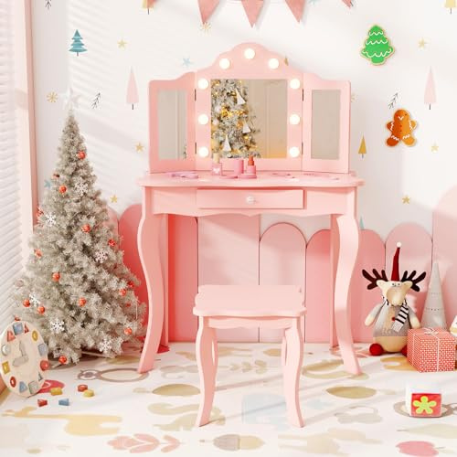 Kids Vanity Table and Chair with Lights, 2 in 1 Girls Dressing Table with Tri-Fold Mirror, Drawer, Wooden Pretend Princess Makeup Beauty Play Toy Gift (Pink)