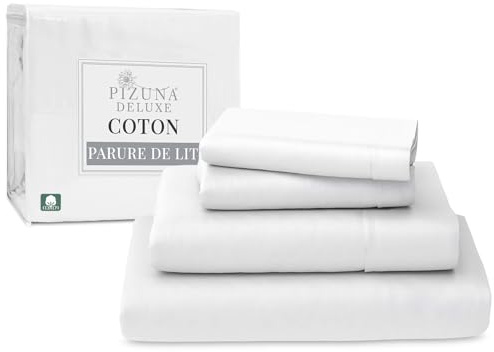 Pizuna 100% Coton Parure de Lit 140x200 cm Blanc, 600 Fils | Tissu de Satin de Coton Comprend 1 Drap Housse, 1 Drap Plat, 2 Taie d'oreiller (Coton Draps 2 Personnes)