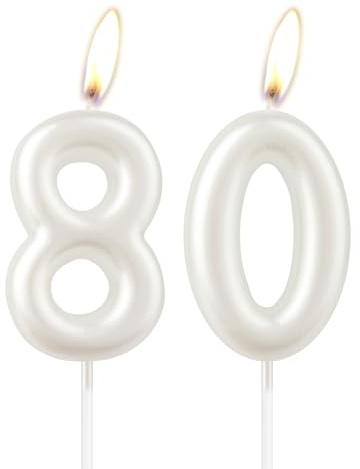 Perlweiße Geburtstagskerze, weiße Happy Birthday Zahl 80, Kuchenkerzenaufsatz für Mädchen, Hochzeitstag, Gedenken