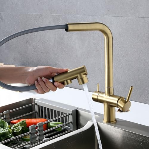 Kitchen Tap 3 Way Pull Out Swivel 3 in 1 Single Hole Brass Kitchen Sink Taps 3 Way-Brushed Gold