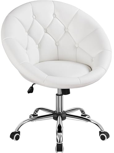 Yaheetech Chaise de Bureau en Similicuir Fauteuil Ergonomique avec Dossier Arrondi Fauteuil de Coiffeuse Réglable en Hauteur Pivotante Chaise pour Salon, Chambre Charge 136kg Blanc