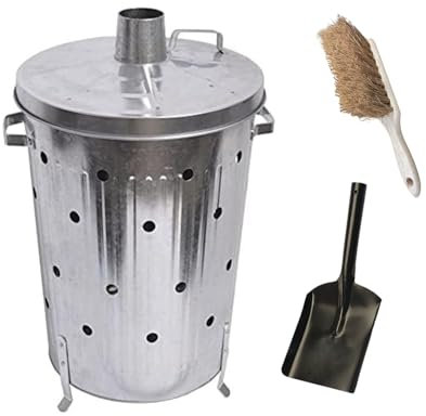 Trendi 90 Litre Extra Large 90L Galvanised Metal Incinerator + Shovel Recycle Garden Rubbish Fire Wood Burner Burning Leaves Hot Ash Bucket Coal & Box Lid (90L Inci + Shovel + Brush)