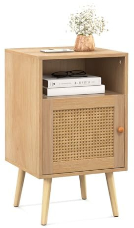 FANTASK Beistelltisch Rattan, Nachtschrank Holz, Nachttisch mit offenem Regal & Tür, Sofatisch Landhausstil, Natur