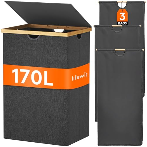 Lifewit 170 lb tvättkorg med lock, vikbar tvättkorg, 3 fack tvättsorterare, avtagbar tvättpåse, bambuhandtag, tvättlåda, sovrum, svart | Vikbar tvättkorg med 3 avtagbara tvättpåsar och bambuhandtag, tvättsorteringssystem för sovrum och badrum