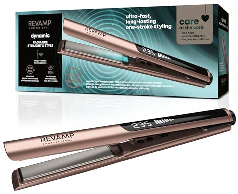 REVAMP Dynamic Radiance Straight & Style Ionic Ceramic Hair Straighteners - Extra-Long Plates for One Stroke Styling, Curved Design for Lasting Waves, Curls - Salon Professional Hair Straightener