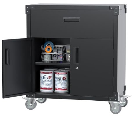 Supeer Armoire à outils avec tiroirs, chariot d'atelier, pour garage, avec roues et 2 portes verrouillables, en métal, idéale pour outils et accessoires