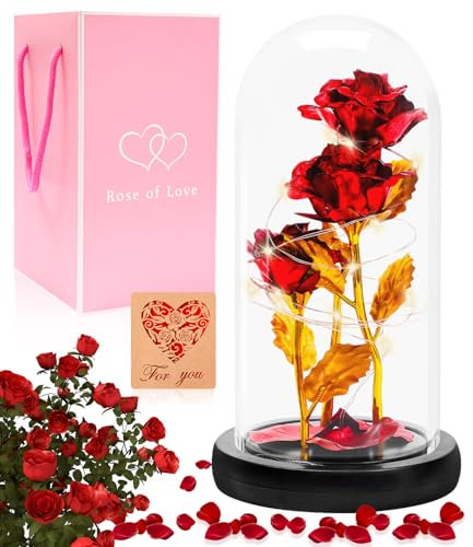 Kureny Rose Éternelle sous Cloche LED dans Dome Verre - Cadeau Femme, Maman, Mère Fête des Mères, Anniversaire