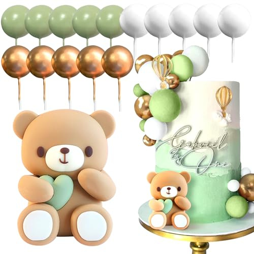 JeVenis Grüne Bär Tortendeko Mädchen Kuchendekoration Teddybär Kuchendeko | Teddybär Tortendeko Mädchen 1 Jahr Kuchendekoration Teddybär Kuchen Dekoration Taufe Junge Grüner Tortendeko für Hochzeit