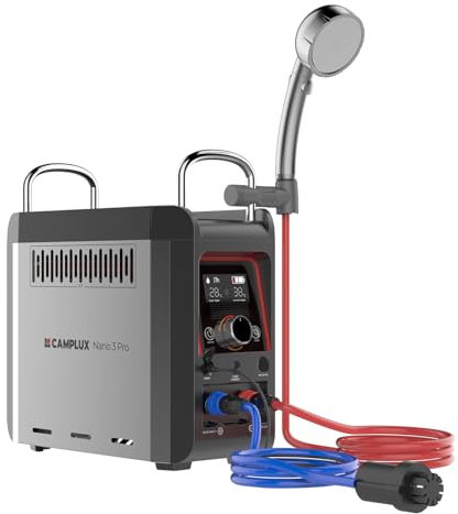 CAMPLUX Nano Scaldabagno a Gas Portatile con Pompa dell'acqua, 3 Litri, Butano (28-30mbar) / Propano (37mbar), 12V, per Doccia Esterna, Campeggio, Nano 3 Pro