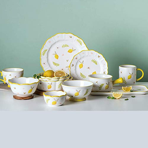 OOMRNV Service de Table en Porcelaine Ensemble de Vaisselle de Cuisine, Ensembles de Table en céramique, Ensemble de Vaisselle en Porcelaine à Motif Citron de 33 Tasses, Bol à c