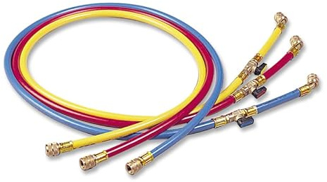 Serie 3 Tubi manichette flessibili GY WIGAM, Lunghi 1500 mm, Attacco 5/16 SAE diritto X 5/16 SAE a 45° con depressore e valvola intermedia, Blu, Giallo e Rosso