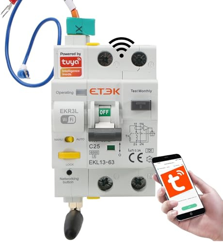 Diferencial Rearmable por WIFI - 25A 300mA - RCBO con Protección contra Sobrecorriente - Superinmunizado Clase A - Control Remoto vía Tuya App
