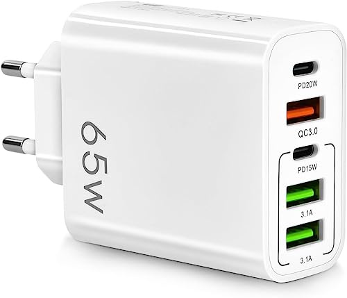 AXFEE 65W Multi USB C Ladegerät,5 Ports Schnellladegerät mit USB-C ＆USB-A | Mehrfach Ladegerät, PD 3.0 Power Adapter Type-c Netzteil, für iPhone 17 16 15 14 13 12 Pro/Pro Max 13 Samsung(Weiß)