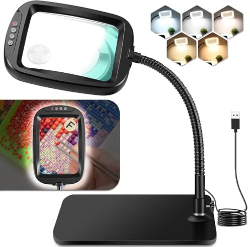 NZQXJXZ 10X Magnifying Glass with Light and Stand, Desk Magnifier Lamp with 5 Color Modes Stepless Dimmable for Diamond Art Accessories Hobbies Crafts Seniors Reading Close Work