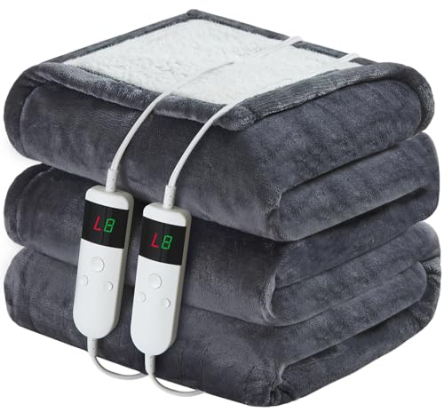 DANENOSA Electric Heated Blanket Queen Size 84''x90'' Soft Flannel & Sherpa Electric Blanket with 10 Heating Levels, Automatically Shut Down After 8h with Overheat Protection Machine Washable